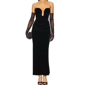 Bardot Elvira Velvet Plunging Neck Ruched Maxi Dress Gown 12 Black $189 Revolve